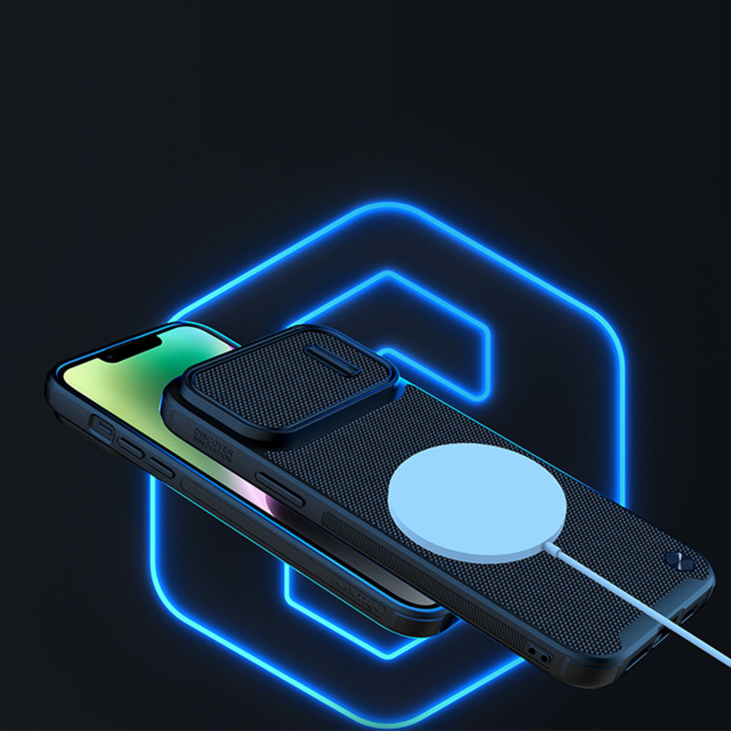 Nillkin Textured S Case iPhone 14 Plus, šarvuotas dangtelis su fotoaparato dangteliu, mėlynas