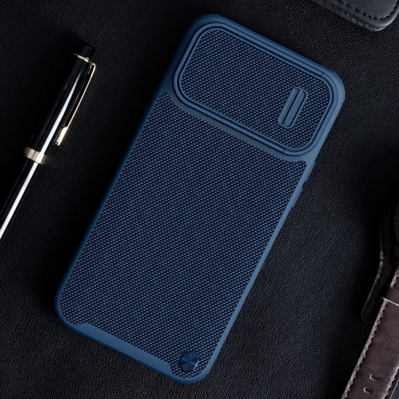 Nillkin Textured S Case iPhone 14 Plus, šarvuotas dangtelis su fotoaparato dangteliu, mėlynas