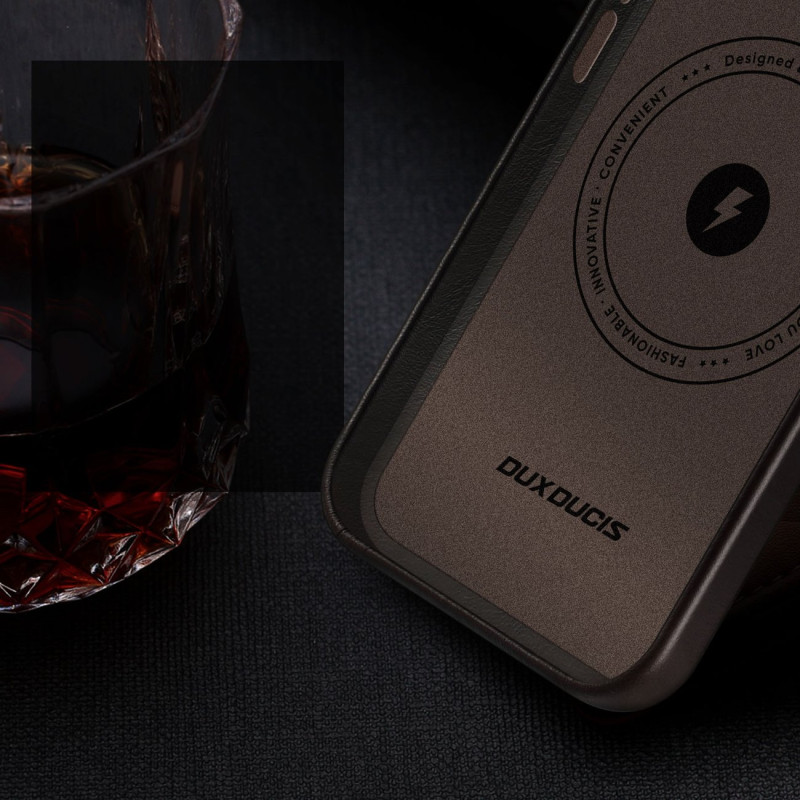 Dux Ducis Naples dėklas, skirtas iPhone 14 Plus odinis dangtelis (suderinamas su MagSafe) Tamsiai ruda