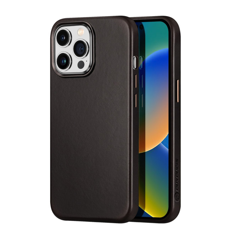 Dux Ducis Naples dėklas iPhone 14 Pro odinis dangtelis (suderinamas su MagSafe) Tamsiai ruda