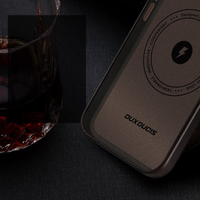 Dux Ducis Naples dėklas iPhone 14 Pro odinis dangtelis (suderinamas su MagSafe) Tamsiai ruda