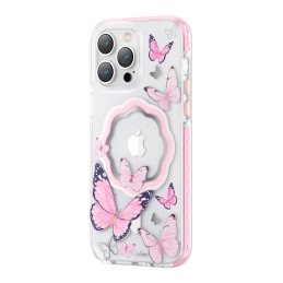 Kingxbar Butterfly serijos magnetinis dėklas iPhone 14 Pro MagSafe dėklas su rožiniais drugeliais