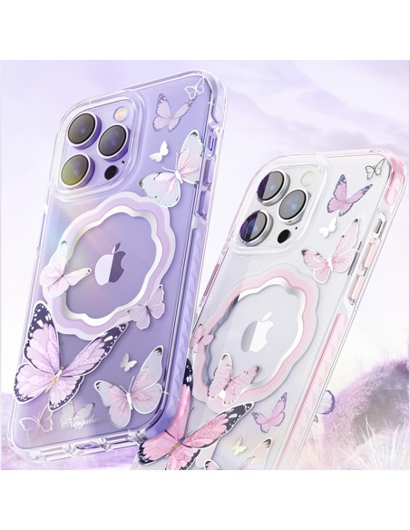 Kingxbar Butterfly serijos magnetinis dėklas iPhone 14 Plus MagSafe dėklas su rožiniais drugeliais Kingxbar Butterfly serijos magnetinis dėklas iPhone 14 Plus MagSafe dėklas su rožiniais drugeliais