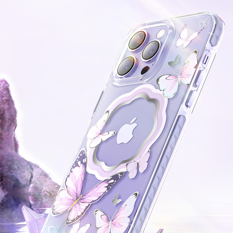 Kingxbar Butterfly serijos magnetinis dėklas iPhone 14 Plus MagSafe dėklas su rožiniais drugeliais