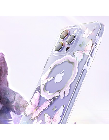 Kingxbar Butterfly serijos magnetinis dėklas iPhone 14 Plus MagSafe dėklas su rožiniais drugeliais Kingxbar Butterfly serijos magnetinis dėklas iPhone 14 Plus MagSafe dėklas su rožiniais drugeliais