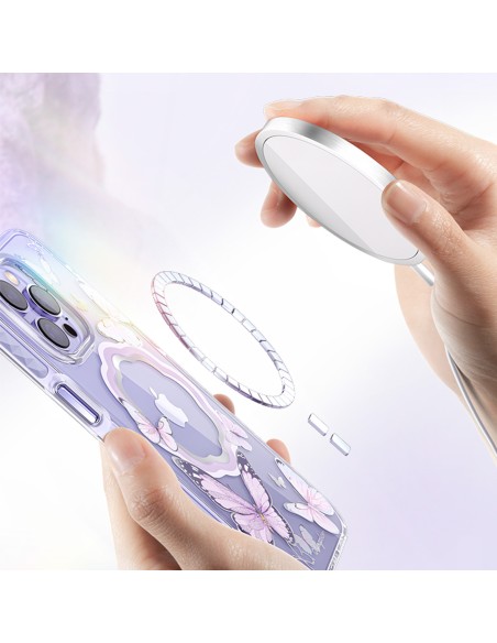 Kingxbar Butterfly serijos magnetinis dėklas iPhone 14 Plus MagSafe dėklas su rožiniais drugeliais Kingxbar Butterfly serijos magnetinis dėklas iPhone 14 Plus MagSafe dėklas su rožiniais drugeliais