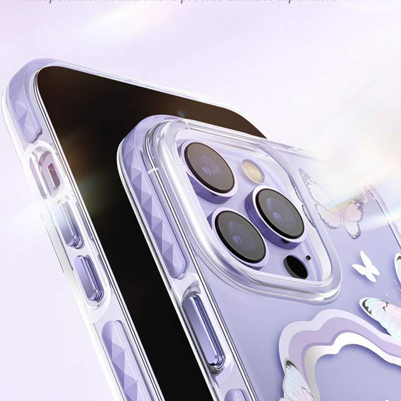 Kingxbar Butterfly serijos magnetinis dėklas iPhone 14 Plus MagSafe dėklas su rožiniais drugeliais