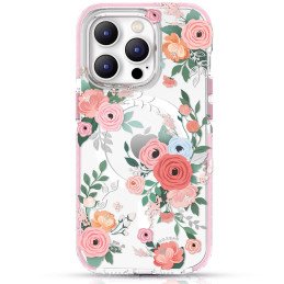 Kingxbar Flora serijos magnetinis iPhone 14 MagSafe dėklas, papuoštas rožių gėlių atspaudu
