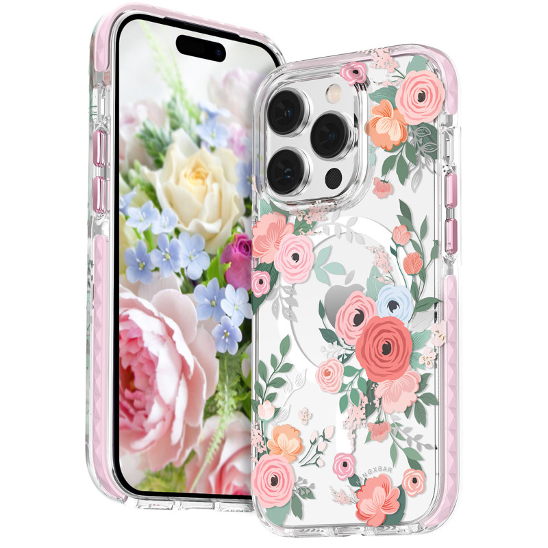 Kingxbar Flora serijos magnetinis iPhone 14 MagSafe dėklas, papuoštas rožių gėlių atspaudu
