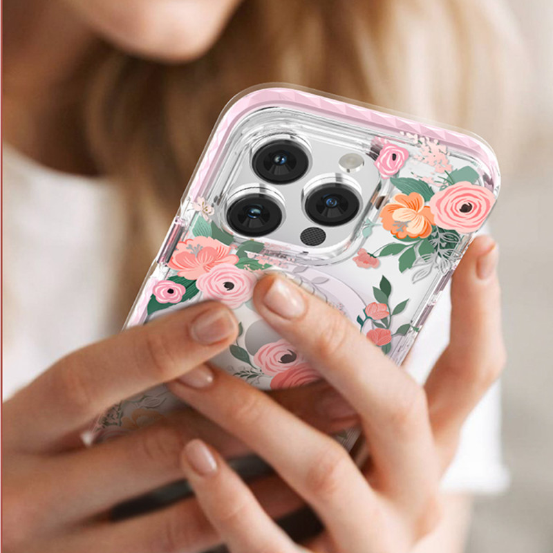 Kingxbar Flora serijos magnetinis iPhone 14 MagSafe dėklas, papuoštas rožių gėlių atspaudu