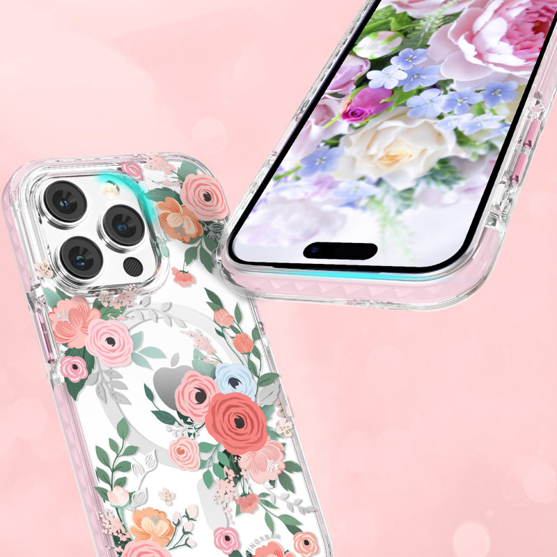 Kingxbar Flora serijos magnetinis iPhone 14 MagSafe dėklas, papuoštas rožių gėlių atspaudu