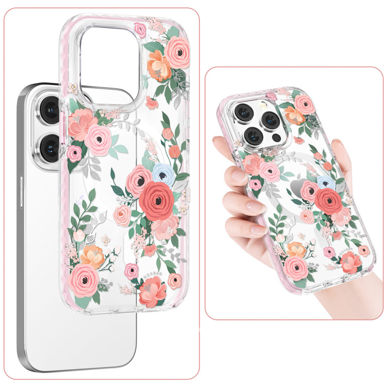 Kingxbar Flora serijos magnetinis iPhone 14 MagSafe dėklas, papuoštas rožių gėlių atspaudu