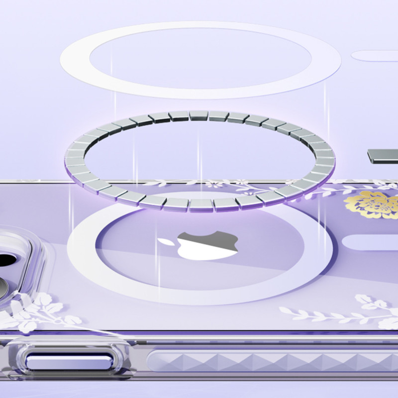 Kingxbar Flora serijos magnetinis iPhone 14 MagSafe dėklas, papuoštas rožių gėlių atspaudu