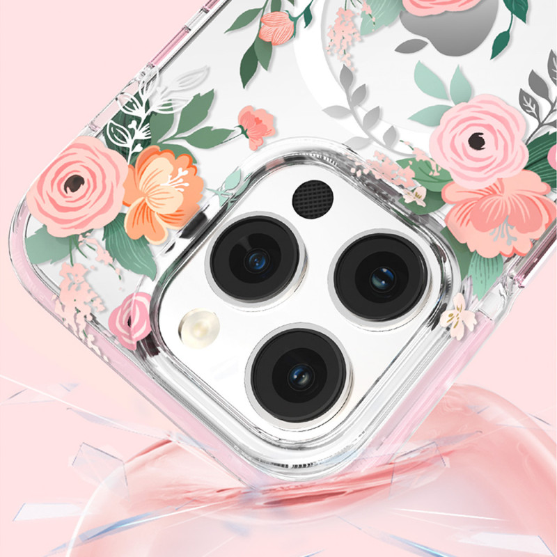 Kingxbar Flora serijos magnetinis iPhone 14 Pro MagSafe dėklas, papuoštas rožės gėlių atspaudu