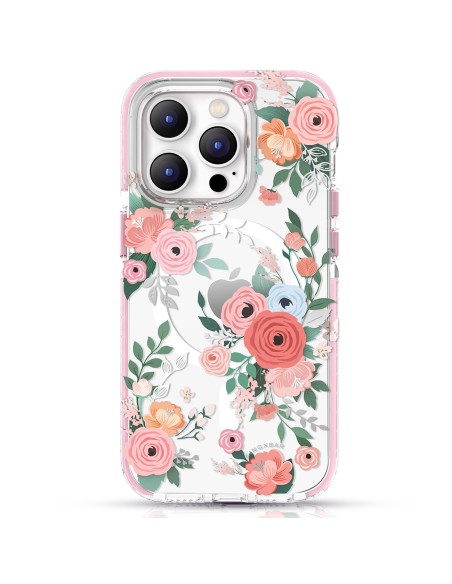 Kingxbar Flora serijos magnetinis iPhone 14 Pro Max MagSafe dėklas dekoruotas rožių gėlių raštu