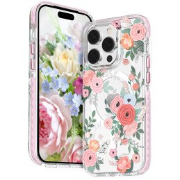 Kingxbar Flora serijos magnetinis iPhone 14 Pro Max MagSafe dėklas dekoruotas rožių gėlių raštu