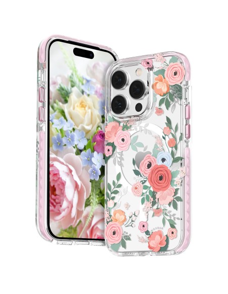 Kingxbar Flora serijos magnetinis iPhone 14 Pro Max MagSafe dėklas dekoruotas rožių gėlių raštu