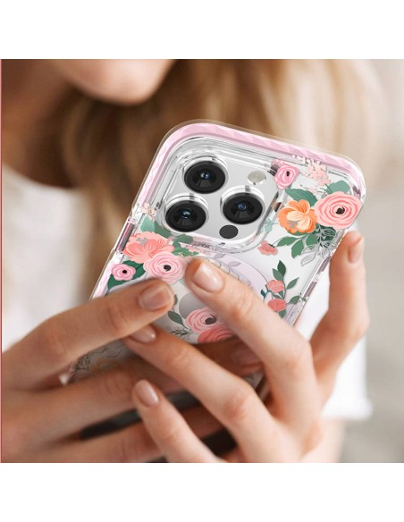 Kingxbar Flora serijos magnetinis iPhone 14 Pro Max MagSafe dėklas dekoruotas rožių gėlių raštu