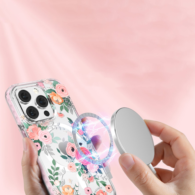 Kingxbar Flora serijos magnetinis iPhone 14 Pro Max MagSafe dėklas dekoruotas rožių gėlių raštu