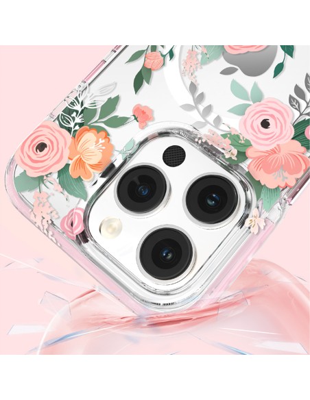 Kingxbar Flora serijos magnetinis iPhone 14 Pro Max MagSafe dėklas dekoruotas rožių gėlių raštu