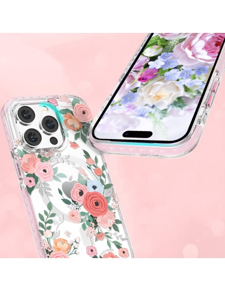 Kingxbar Flora serijos magnetinis iPhone 14 Pro Max MagSafe dėklas dekoruotas rožių gėlių raštu