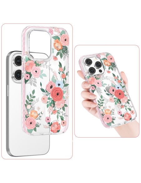Kingxbar Flora serijos magnetinis iPhone 14 Pro Max MagSafe dėklas dekoruotas rožių gėlių raštu