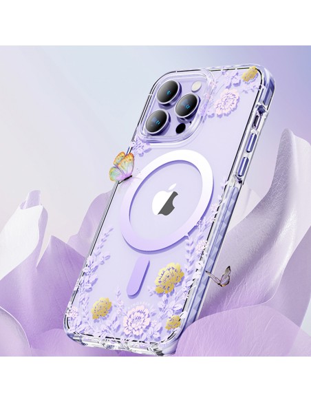 Kingxbar Flora serijos magnetinis iPhone 14 Pro Max MagSafe dėklas dekoruotas rožių gėlių raštu