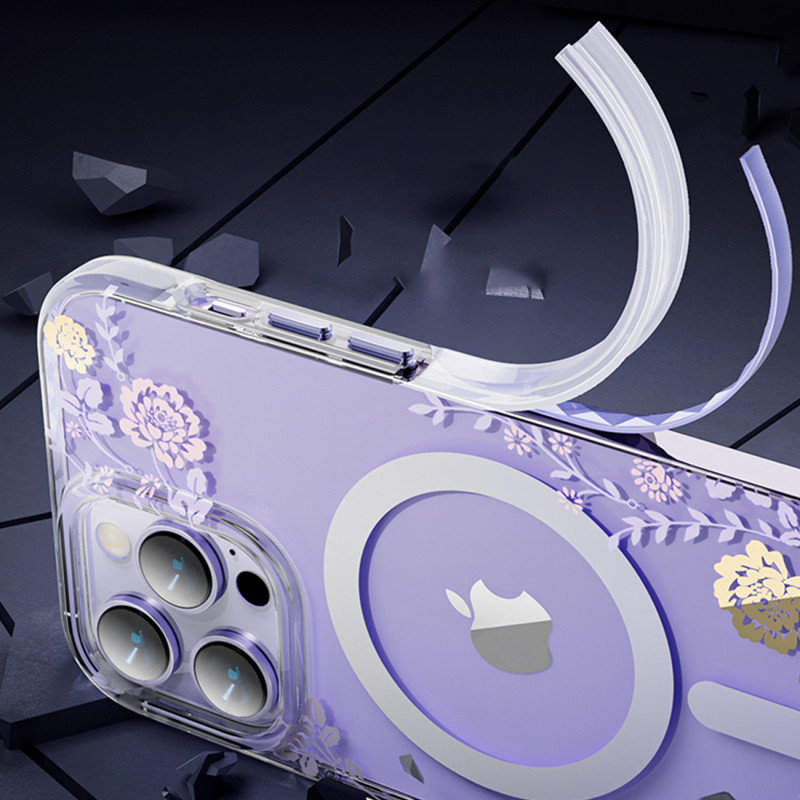 Kingxbar Flora serijos magnetinis iPhone 14 Pro Max MagSafe dėklas dekoruotas rožių gėlių raštu