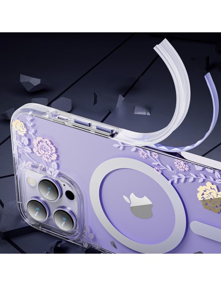 Kingxbar Flora serijos magnetinis iPhone 14 Pro Max MagSafe dėklas dekoruotas rožių gėlių raštu