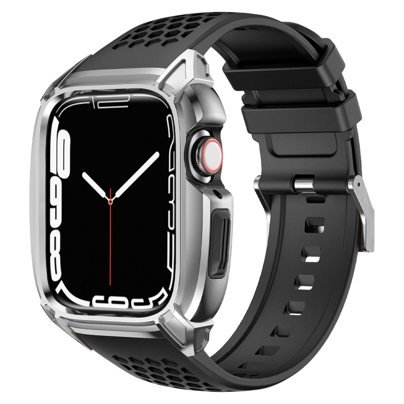 Kingxbar CYF148 2in1 šarvuotas dėklas Apple Watch SE, 6, 5, 4 (44 mm) pagamintas iš nerūdijančio plieno su sidabriniu di...