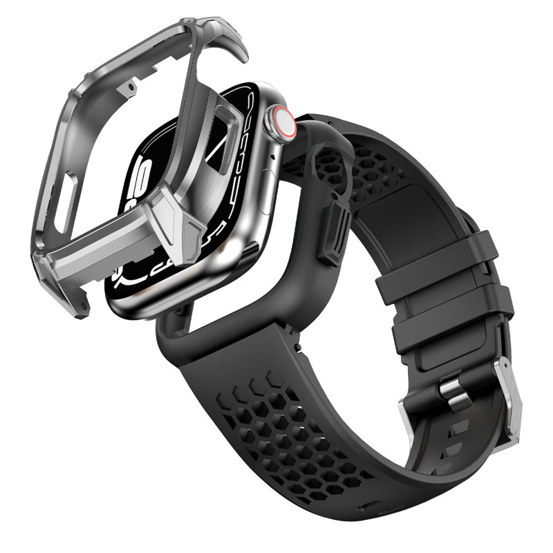 Kingxbar CYF148 2in1 šarvuotas dėklas Apple Watch SE, 6, 5, 4 (44 mm) pagamintas iš nerūdijančio plieno su sidabriniu di...