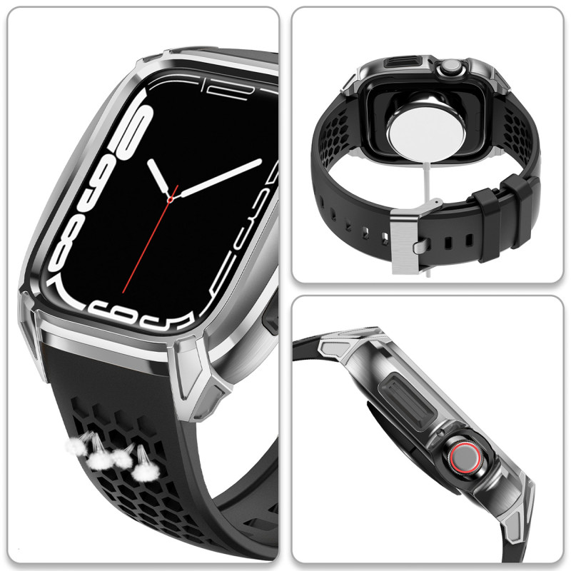 Kingxbar CYF148 2in1 šarvuotas dėklas Apple Watch SE, 6, 5, 4 (44 mm) pagamintas iš nerūdijančio plieno su sidabriniu di...