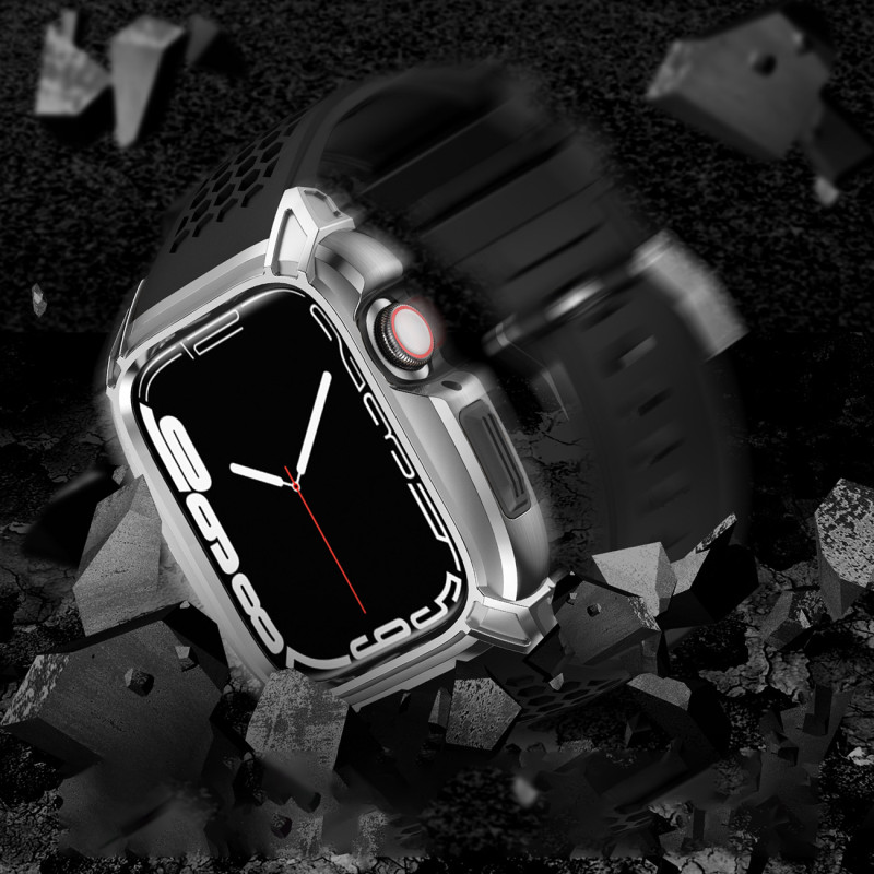Kingxbar CYF148 2in1 šarvuotas dėklas Apple Watch SE, 6, 5, 4 (44 mm) pagamintas iš nerūdijančio plieno su sidabriniu di...