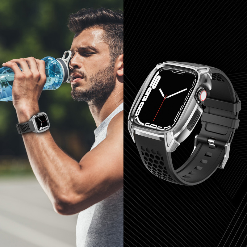 Kingxbar CYF148 2in1 šarvuotas dėklas Apple Watch SE, 6, 5, 4 (44 mm) pagamintas iš nerūdijančio plieno su sidabriniu di...