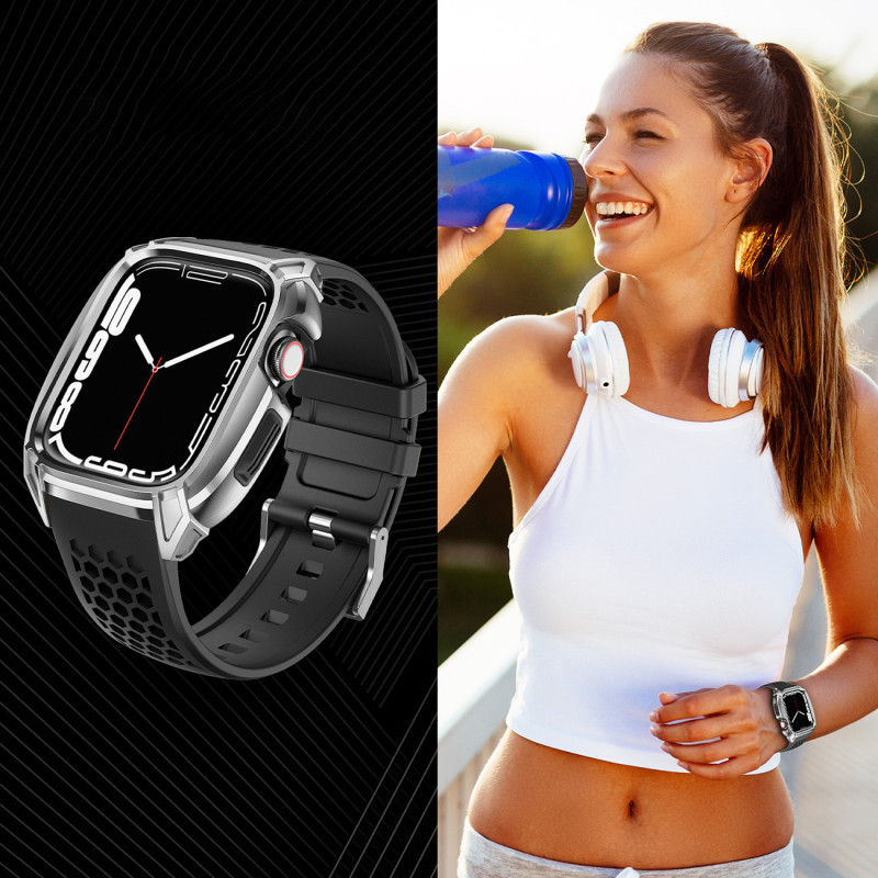 Kingxbar CYF148 2in1 šarvuotas dėklas Apple Watch SE, 6, 5, 4 (44 mm) pagamintas iš nerūdijančio plieno su sidabriniu di...