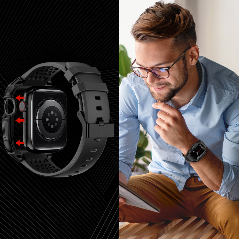 Kingxbar CYF148 2in1 šarvuotas dėklas Apple Watch SE, 6, 5, 4 (44 mm) pagamintas iš nerūdijančio plieno su dirželiu, juo...