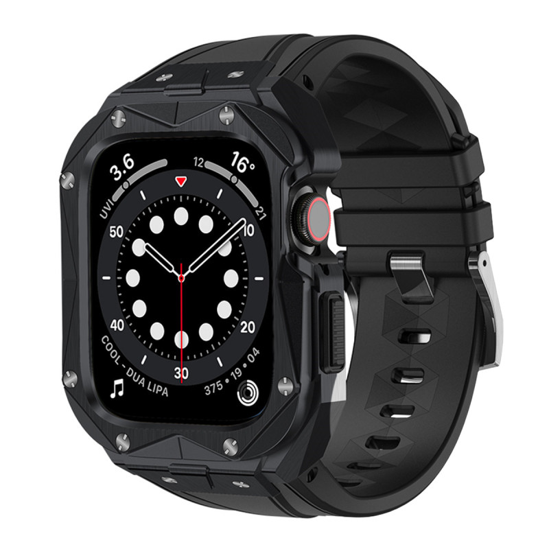 Kingxbar CYF140 2in1 šarvuotas dėklas Apple Watch 9, 8, 7 (45 mm) pagamintas iš nerūdijančio plieno su dirželiu, juodas
