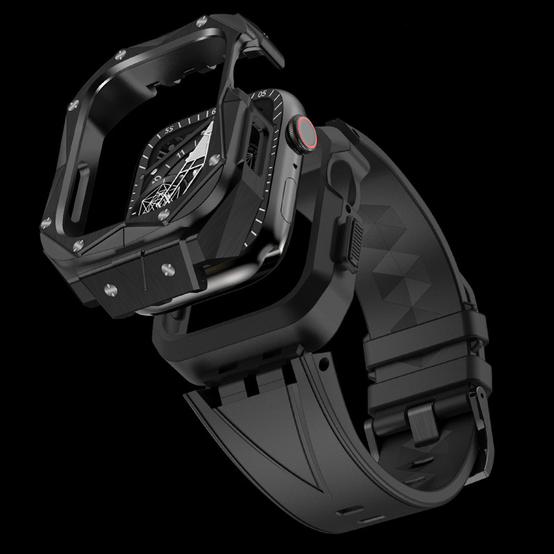 Kingxbar CYF140 2in1 šarvuotas dėklas Apple Watch 9, 8, 7 (45 mm) pagamintas iš nerūdijančio plieno su dirželiu, juodas