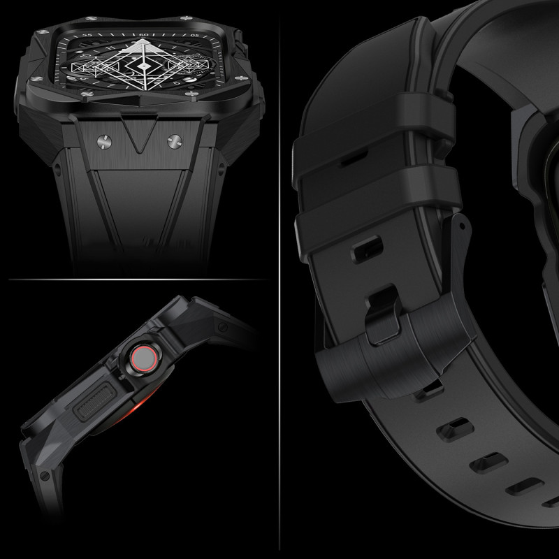 Kingxbar CYF140 2in1 šarvuotas dėklas Apple Watch 9, 8, 7 (45 mm) pagamintas iš nerūdijančio plieno su dirželiu, juodas