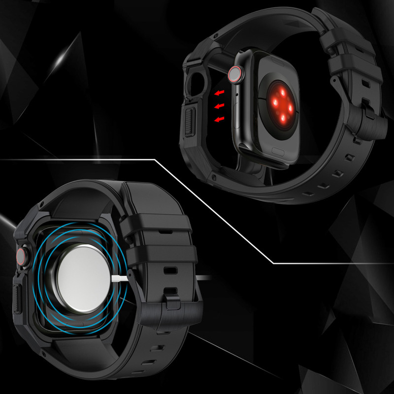 Kingxbar CYF140 2in1 šarvuotas dėklas Apple Watch 9, 8, 7 (45 mm) pagamintas iš nerūdijančio plieno su dirželiu, juodas