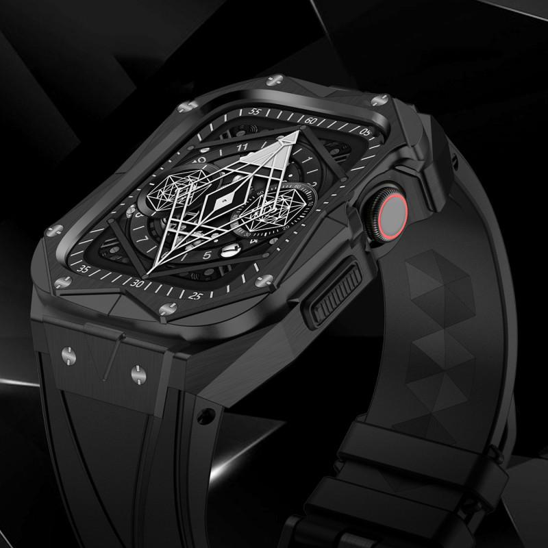 Kingxbar CYF140 2in1 šarvuotas dėklas Apple Watch 9, 8, 7 (45 mm) pagamintas iš nerūdijančio plieno su dirželiu, juodas