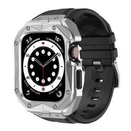 Kingxbar CYF140 2in1 šarvuotas dėklas Apple Watch SE, 6, 5, 4 (44 mm) pagamintas iš nerūdijančio plieno su sidabriniu di...