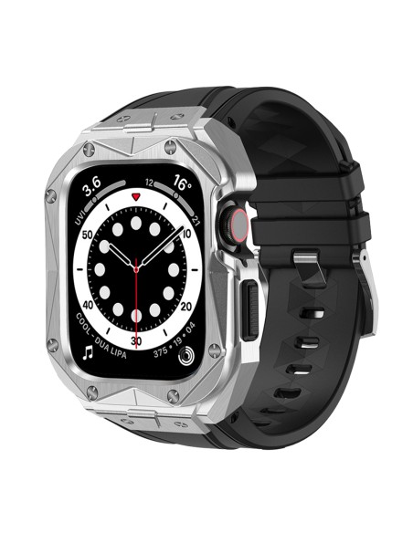 Kingxbar CYF140 2in1 šarvuotas dėklas Apple Watch 9, 8, 7 (45 mm) pagamintas iš nerūdijančio plieno su sidabriniu diržel...