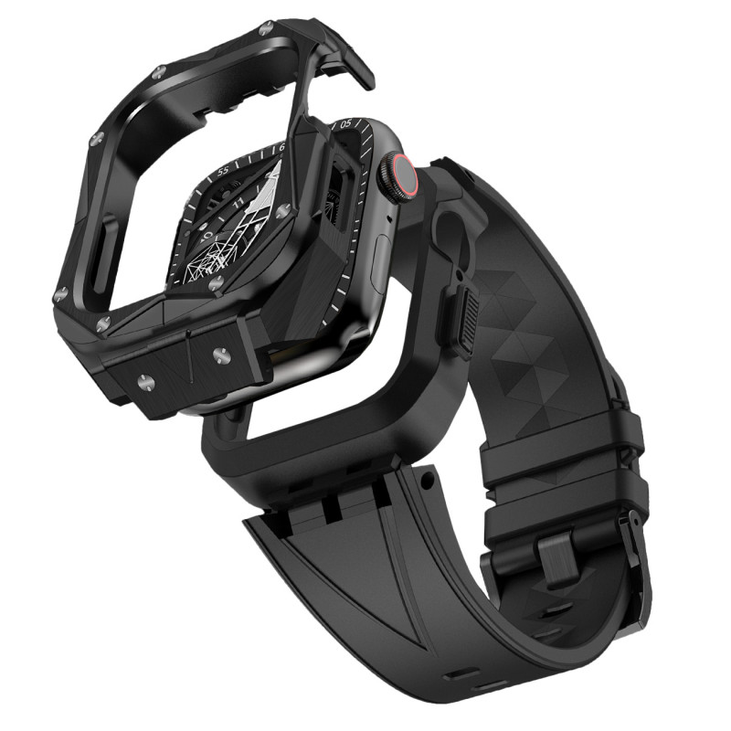 Kingxbar CYF140 2in1 šarvuotas dėklas Apple Watch 9, 8, 7 (45 mm) pagamintas iš nerūdijančio plieno su sidabriniu diržel...