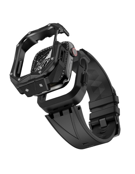 Kingxbar CYF140 2in1 šarvuotas dėklas Apple Watch 9, 8, 7 (45 mm) pagamintas iš nerūdijančio plieno su sidabriniu diržel...