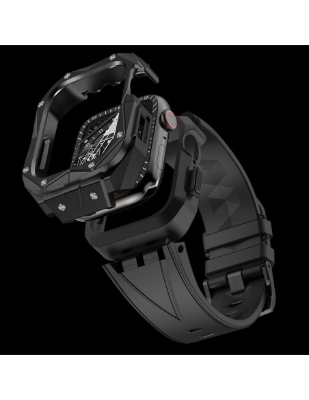 Kingxbar CYF140 2in1 šarvuotas dėklas Apple Watch 9, 8, 7 (45 mm) pagamintas iš nerūdijančio plieno su sidabriniu diržel...