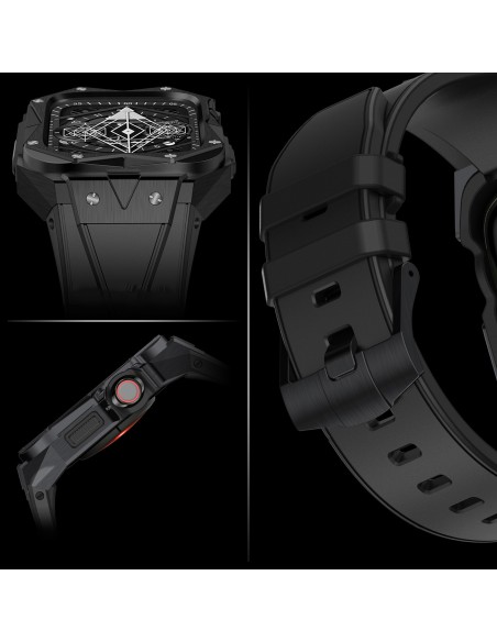 Kingxbar CYF140 2in1 šarvuotas dėklas Apple Watch 9, 8, 7 (45 mm) pagamintas iš nerūdijančio plieno su sidabriniu diržel...