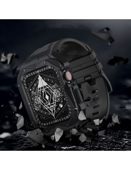 Kingxbar CYF140 2in1 šarvuotas dėklas Apple Watch 9, 8, 7 (45 mm) pagamintas iš nerūdijančio plieno su sidabriniu diržel...