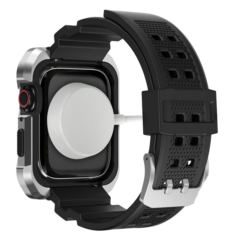 Kingxbar CYF134 2in1 šarvuotas dėklas Apple Watch SE, 6, 5, 4 (44 mm) pagamintas iš nerūdijančio plieno su sidabriniu di...