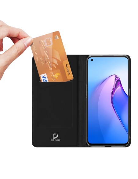 „Dux Ducis Skin Pro“ dėklas, skirtas „Oppo Reno 8“ dangteliui su atvartu, juodas piniginės stovas „Dux Ducis Skin Pro“ dėklas, skirtas „Oppo Reno 8“ dangteliui su atvartu, juodas piniginės stovas